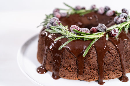 Chocolate bundt cake with chocolate frosting decorated with fresh cranberries and rosemary covered...