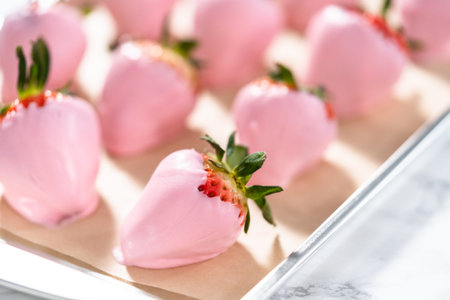 Close up of chocolate dipped strawberries on a parchment paper.