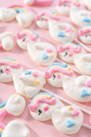 Gourmet unicorn theme meringue pops on a pink background.の写真素材