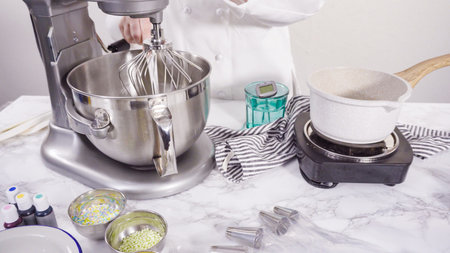Caramelizing sugar in a saucepan for Italian buttercream frosting.