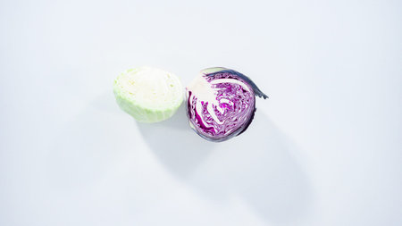 Flat lay. Step by step. Organic green and purple cabbage on a white background.