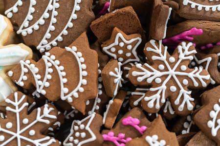 Gingerbread and sugar Christmas cookies with royal icing.の写真素材