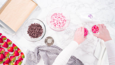 Flat lay. Step by step. Melting chocolate chips in chocolate melting pots.
