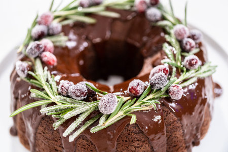 Chocolate bundt cake with chocolate frosting decorated with fresh cranberries and rosemary covered...