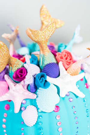 Halloween craft pumpkin decorated in mermaid theme.の写真素材