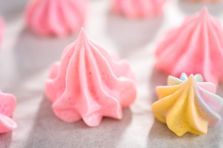 Freshly baked unicorn meringue cookies on a baking sheet with a parchment paper.