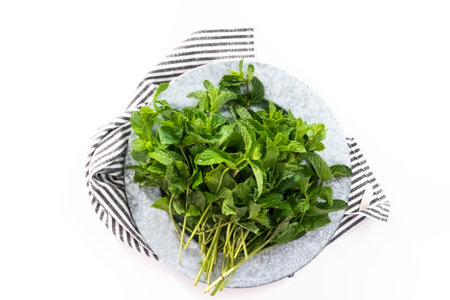 Flat lay. Fresh mint from the organic garden on a white background.
