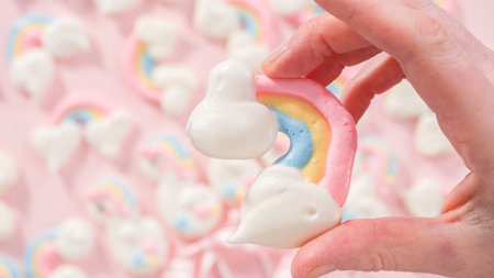 Step by step. Holding close to the camera, the unicorn meringue pops cookies.