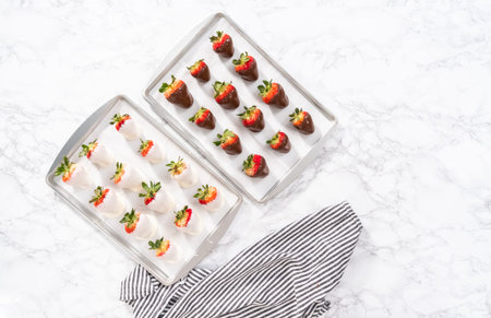 Flat lay. Organic strawberries dipped in chocolate drying on a parchment paper.の写真素材