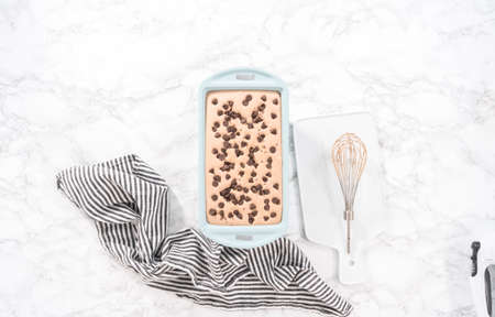 Flat lay. Preparing homemade chocolate ice cream.の写真素材