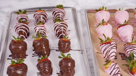 Step by step. Variety of chocolate dipped strawberries on a parchment paper.
