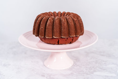 Red velvet bundt cake with cream cheese frosting garnished with fresh strawberries