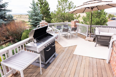 Outdoor six-burner gas grill on the back patio of a luxury single-family home.