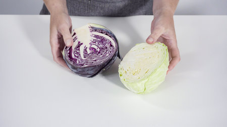 Step by step. Organic green and purple cabbage on a white background.の写真素材