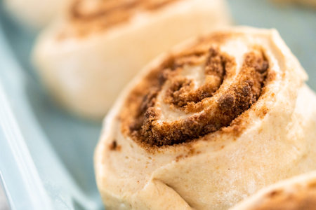 Unbaked cinnamon rolls in a blue baking pan.