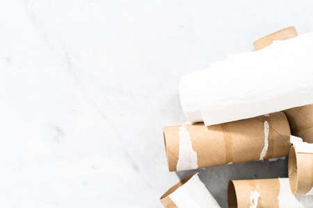 Used empty toilet paper rolls on a gray background.の写真素材