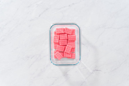 Flat lay. Homemade mini pink chocolates in a food glass container.