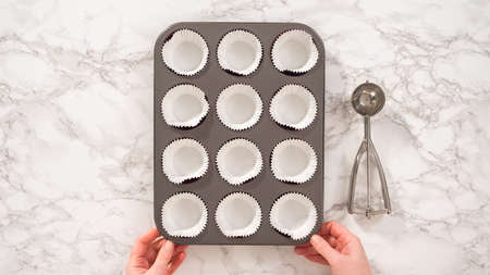 Flat lay. Step by step. Whipping chocolate ganache with an electric kitchen mixer.の写真素材