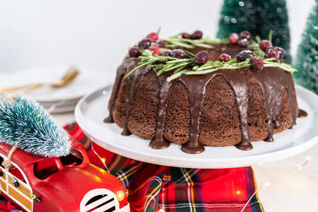 Chocolate bundt cake with chocolate frosting decorated with fresh cranberries and rosemary covered in a white sugar.の写真素材
