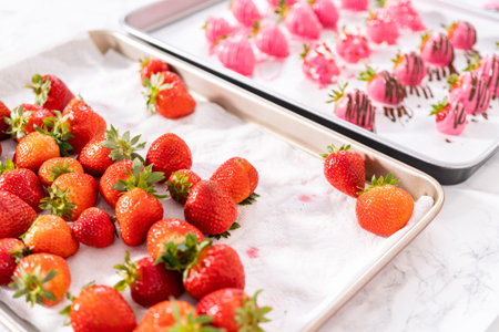 Decorating chocolate-covered strawberries with chocolate drizzles and sprinkles.