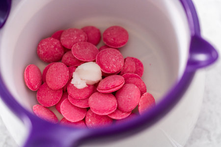 Melting chocolate melts in a candy melting pot to prepare gourmet mini chocolates with sprinkles.