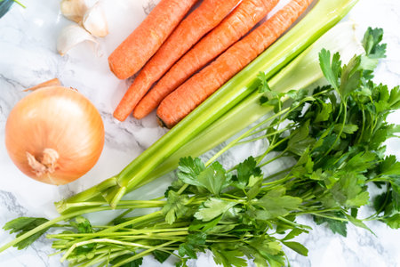 Ingredients to cook vegetarian white bean soup.の写真素材