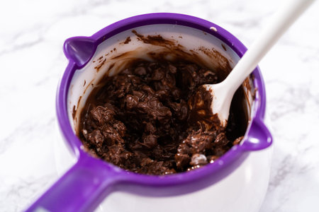 Melting chocolate chips in a candy melting pot to prepare chocolate-covered strawberries.の写真素材