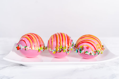 Christmas hot chocolate bombs on a white plate.