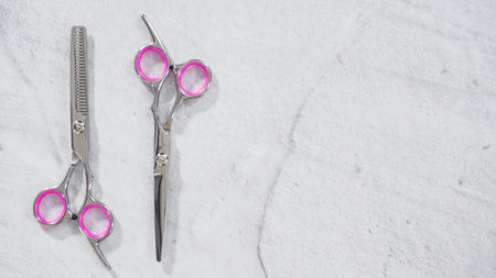 Flat lay. Pink hair cutting scissors set.の写真素材