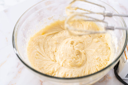 Mixing ingredients in a large glass mixing bowl to bake apple bundt cake with caramel glaze.