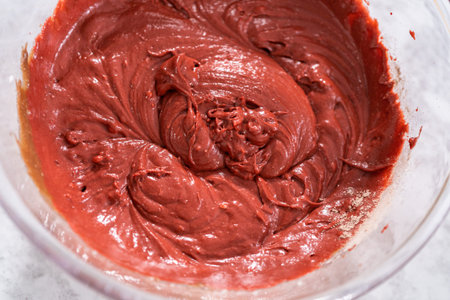 Mixing ingredients in a glass mixing bowl to prepare red velvet bundt cake.
