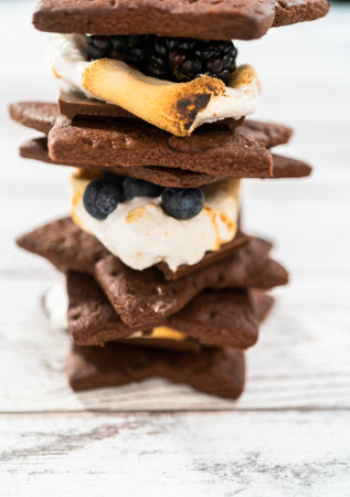 Making smores on a homemade star-shaped chocolate graham cracker with toasted marshmallow and fruits.の写真素材