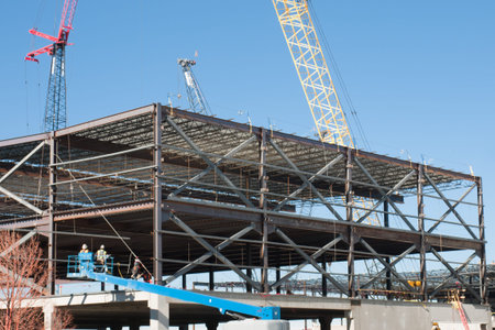 Construction site of the new retail building. Steel frame construction.