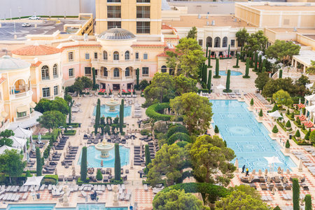 Las Vegas, Nevada, USA-October 12, 2021 - View of the Bellagio hotel pool from above in the Winter.のeditorial素材