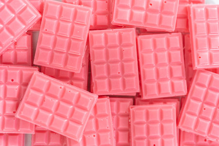 Homemade mini pink chocolates in a food glass container.