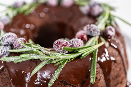 Chocolate bundt cake with chocolate frosting decorated with fresh cranberries and rosemary covered in a white sugar.の写真素材