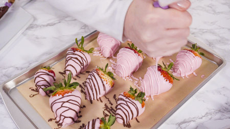 Step by step. Garnishing chocolate dipped strawberries with drizzled chocolate.