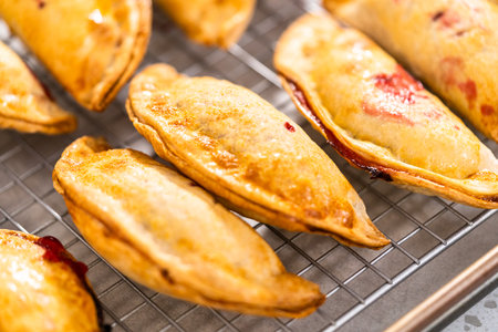 Freshly baked sweet cherry empanadas in the air fryer on the kitchen counter.の写真素材