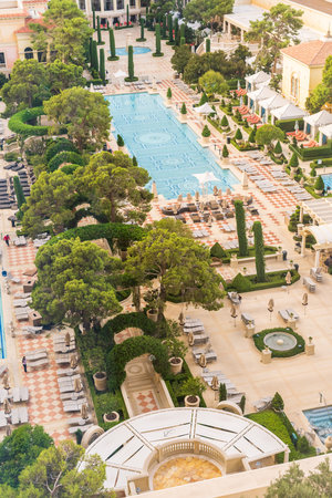 Las Vegas, Nevada, USA-October 12, 2021 - View of the Bellagio hotel pool from above in the Winter.のeditorial素材