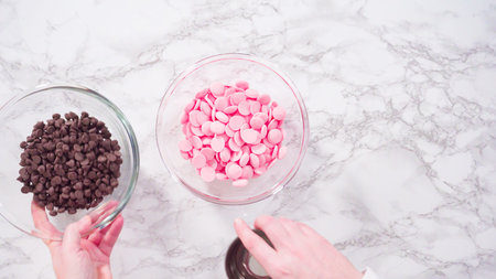 Flat lay. Step by step. Melting chocolate chips in chocolate melting pots.