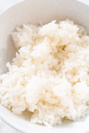 Freshly cooked medium-grain white rice in a white bowl.の写真素材