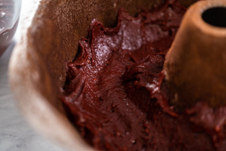 Filling metal bundt cake pan with cake butter to bake red velvet bundt cake with cream cheese glazeの写真素材