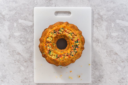 Flat lay. Creating holes for the buttercream filling in funfettti bundt cake.
