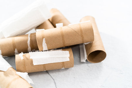 Used empty toilet paper rolls on a gray background.の写真素材