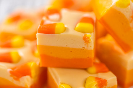 Homemade candy corn fudge square pieces on a white plate.の写真素材