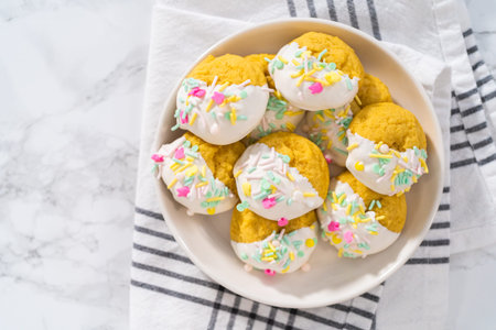 Lemon Cookies with White Chocolate. Freshly baked lemon cookies with white chocolate and decorated...