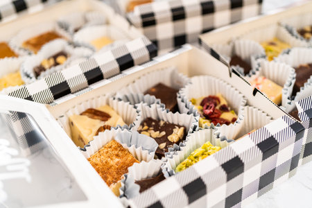 Packaging a homemade variety of fudge and gingerbread cookies for Christmas food gifts into paper boxes.の写真素材