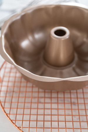 Kitchen tools for baking bundt cakes on the kitchen counter.