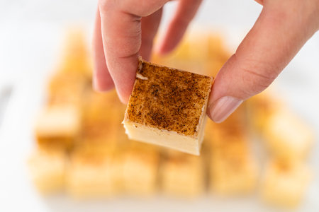 Homemade eggnog fudge pieces on a white cutting board.の写真素材