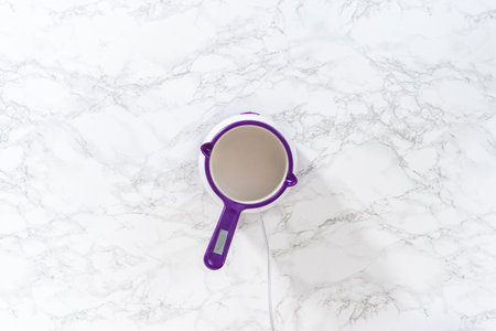 Flat lay. Melting chocolate chips in a candy melting pot to make chocolate icing for panda-shaped shortbread cookies.の写真素材